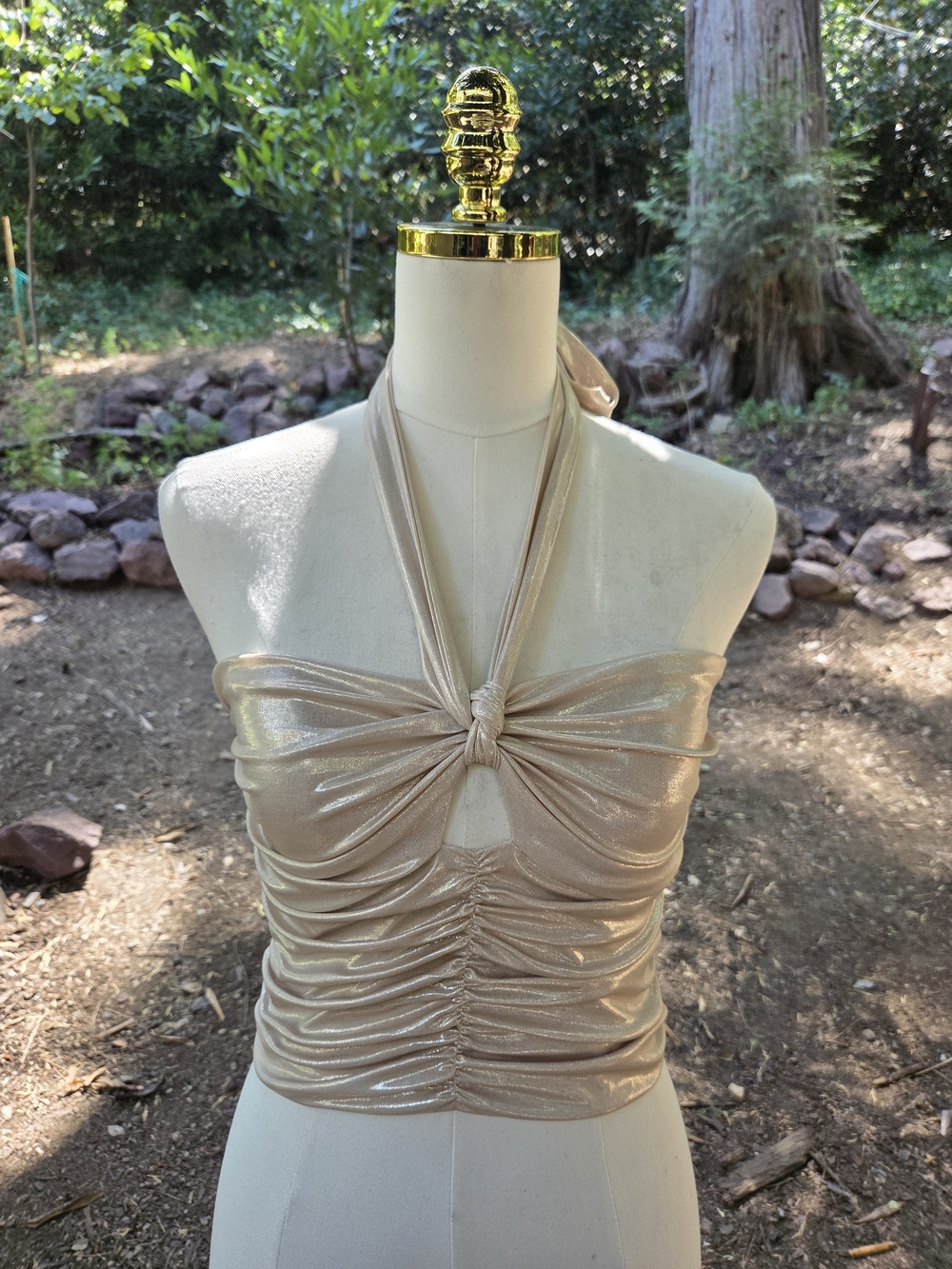 AQUA Shimmery Beige Halter‎ Ruched Crop Top Size Small